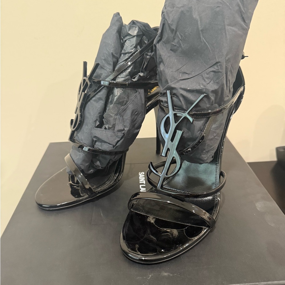 Yves Saint Laurent Glossy Black Strappy Heels